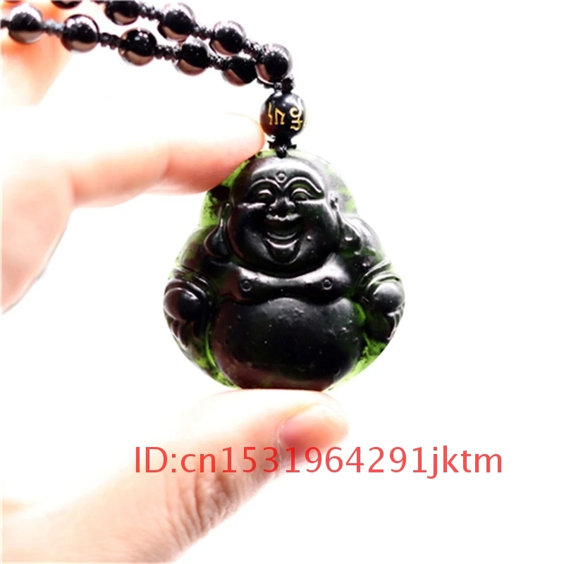 

Obsidian Necklace Chinese Maitreya Natural Men Hand-Carved Jade Black Amulet Gifts for Green Pendant Accessories Jewelry Charm