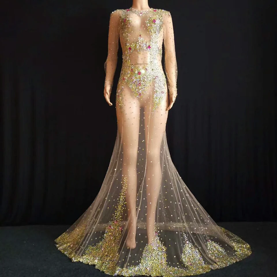 Платье со шлейфом с разноцветными кристаллами|Женские платья| |