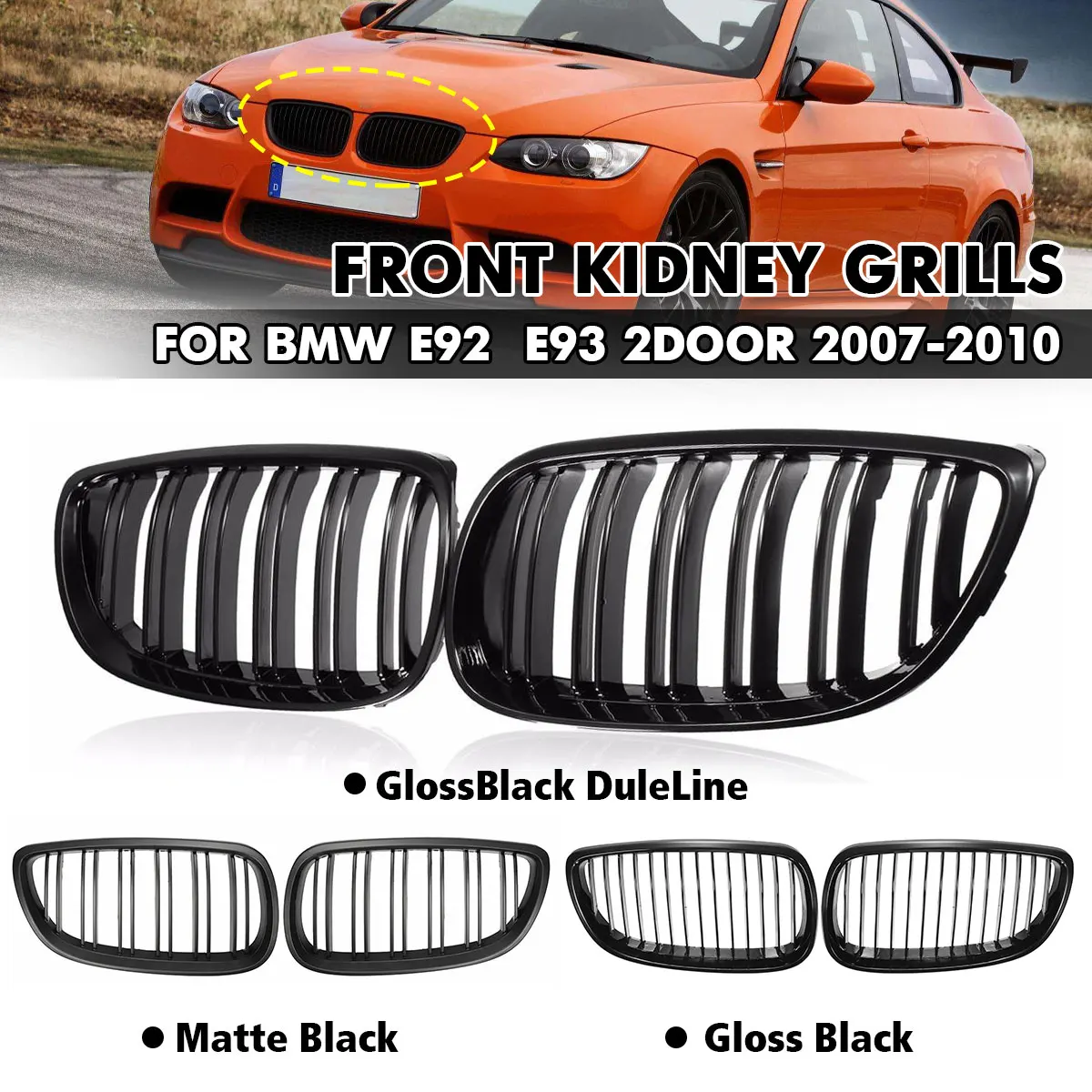 

Pair Car Gloss Black Front Kidney Grilles 2 Slats For BMW E92 E93 3 Series 328i 335i 335xi M3 2DR 2006 2007 2008 2009 2010 Coupe