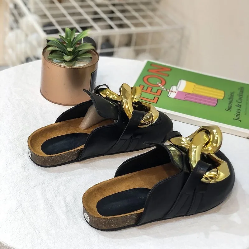 Brand Design Women Slipper Fashion Big Gold Chain Sandals Shoes Round Toe Slip On Mul Flat Heel Casual Slides Flip