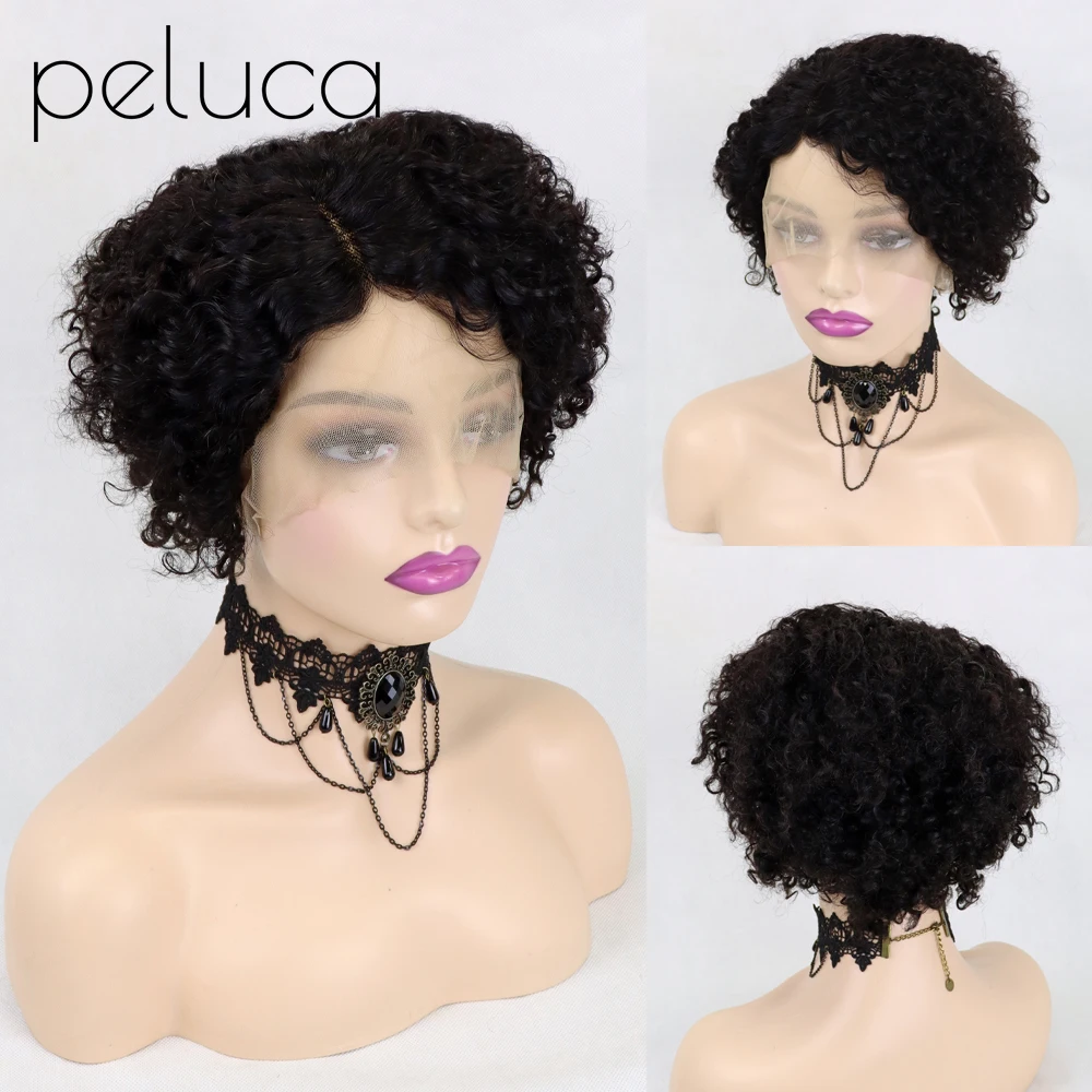 

13*1 Front Lace Human Hair Wigs Short Pixie Cut Lace Wig Brazilian Remy Curly Lace Part Wig Black Lace Bob Wig 150% Density