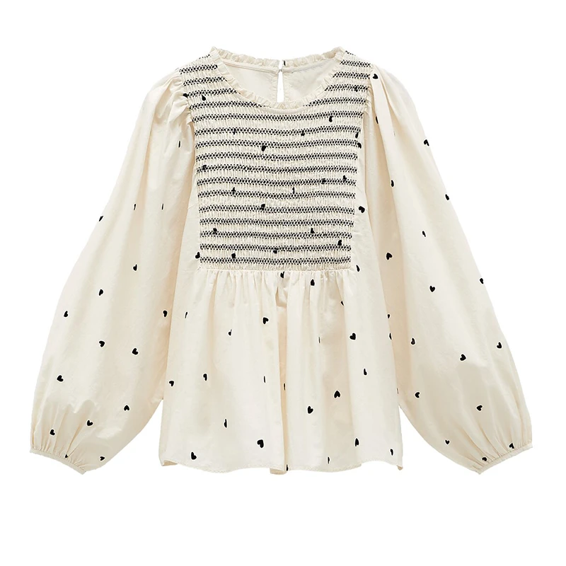 

Sweet Solid Color Round Collar Women's Long Sleeve Shirts 2021 Spring Casual Loose Heart Printing Women Tops and Blouses