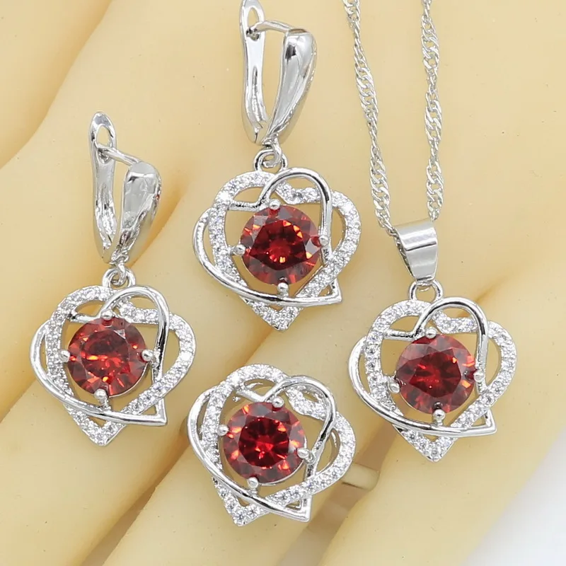 Красный циркониевый в форме сердца серебряный цвет Ювелирные наборы для женщин