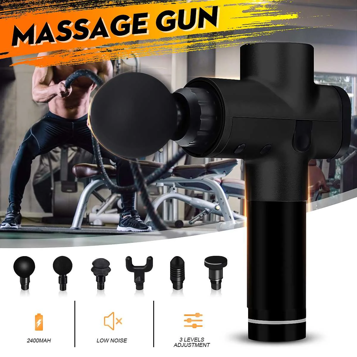 

2400mAh Electric Percussion Massager 3 Speeds Low Noise Vibration Muscle Therapy Device with 6 Massage Heads