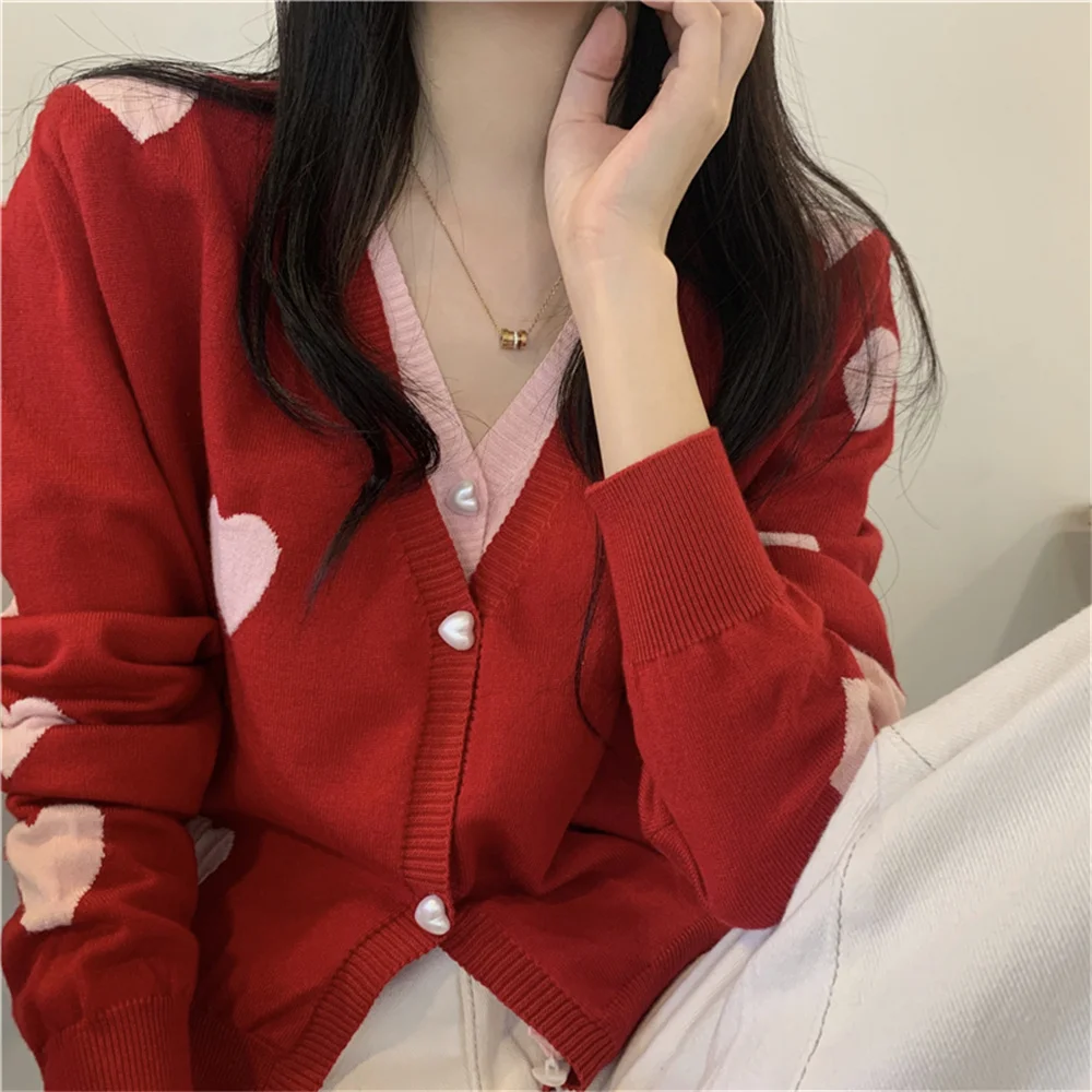 

Женское трикотажное пальто 민민민red с V-образным вырезом и длинными рукавами, 2021, вязаная одежда в стиле пэчворк с сердечками, новинка, женские...