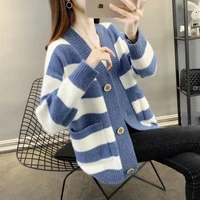 thick chenille loose womens striped cardigan jacket autumn and winter casual korean knit sweater single breasted ladies coat