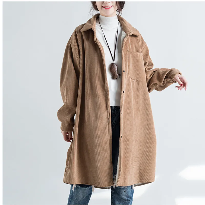 Женское вельветовое пальто длинное однобортное Свободное с отложным воротником