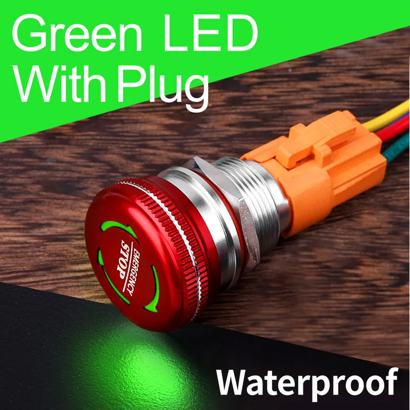 Green LED Witch plug 16 мм 19 мм 22 мм водонепроницаемый IP65 гриб Аварийная остановка кнопочный переключатель со светодиодным светильник люминесценции - Цвет: Green LED Witch plug