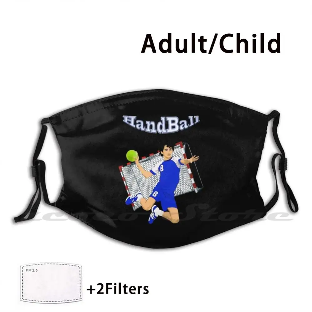 

С сеткой для гол за ним. Моющаяся трендовая индивидуализированная маска с фильтром Pm2.5, Handball Player в синей одежде, Handball Sport Green