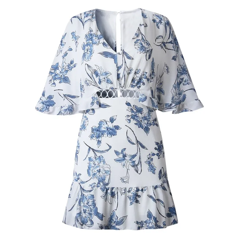 

Lossky Sexy Deep V Neck Half Sleeve Women Dress Bohemia Flower Print Ruffles Dresses Elegant Hollow Out Lady Mini Dress Vestidos