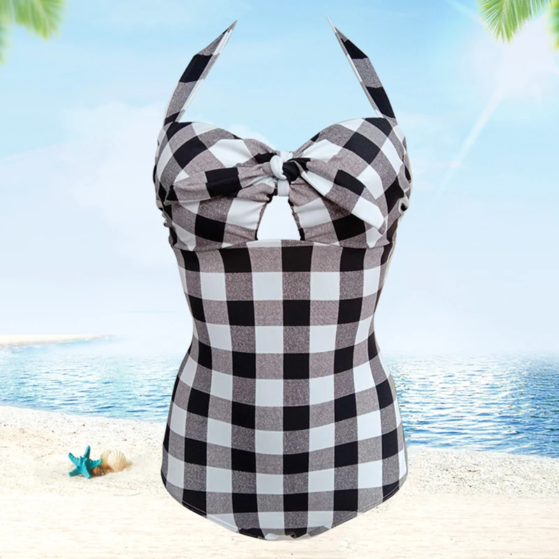 

Hot Sale Women's Swimwear Plaid Plus Size Swimsuit Hanging Neck Hollow Bow-knot Sexy Triangle Swim Suit for Summer Swimming 2021