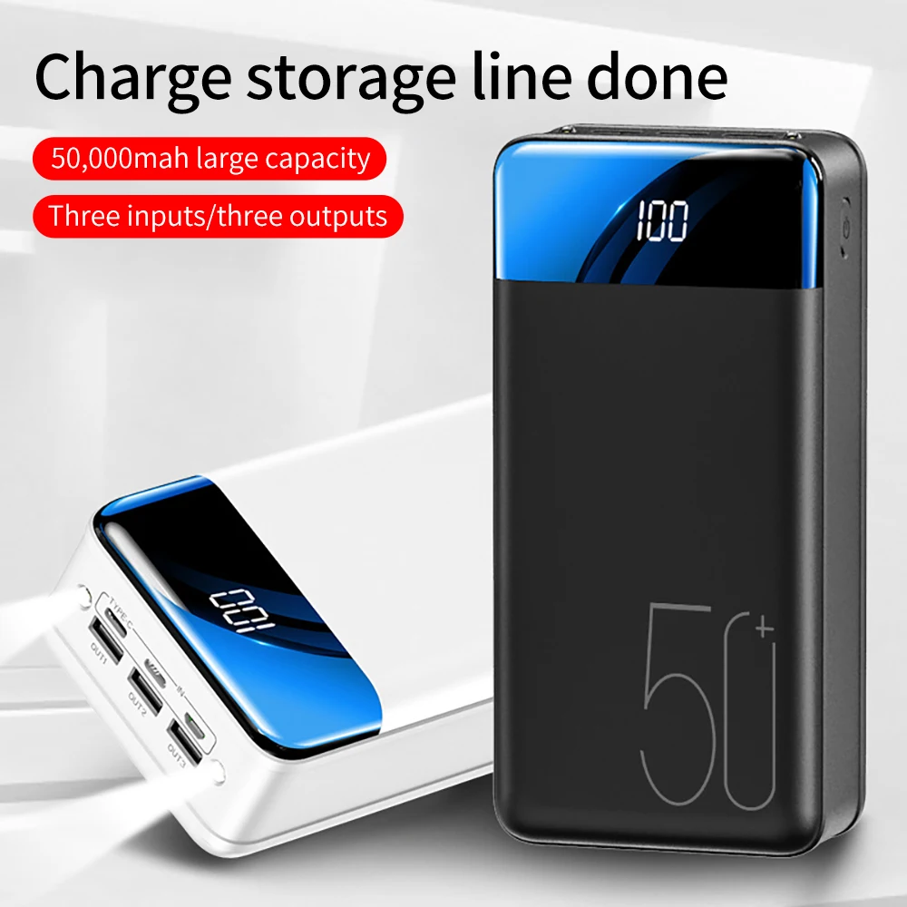 50000 mAh Power Bank Big Capacity 3 USB Portable Charger Mirror Mobile Phone External Battery LED Display PoverBank Fast Charger