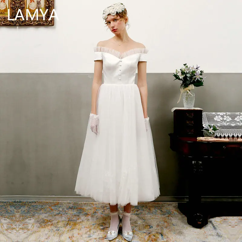 

LAMYA Princess Simple Satin Evening Party Dresses Tea Length Tulle Dress Boat Neck Formal Gown Plus Size Ruffles Robe De Soiree