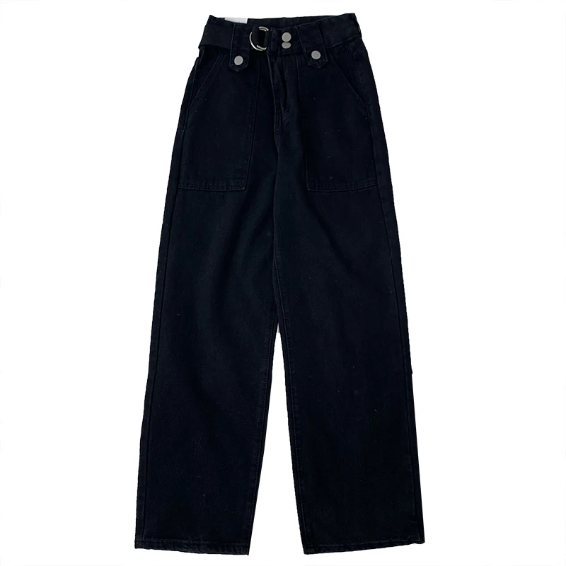 

2021 Summer Spring Women Mom Jeans With Stitching Buckle Belt Pocket High Waist Two Button Up Loose Skinny Straight Jeans