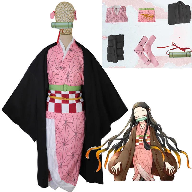 Полный набор Demon Slayer Kimetsu no Yaiba Kamado Nezuko Косплей Костюм Кимоно парик гэта обувь