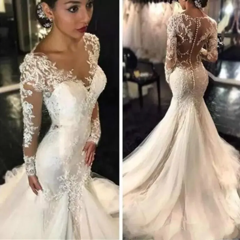 

New Gorgeous Lace Wedding Dresses Dubai African Arabic Style Petite Long Sleeve Fishtail Custom Made Bridal Gown With Buttons