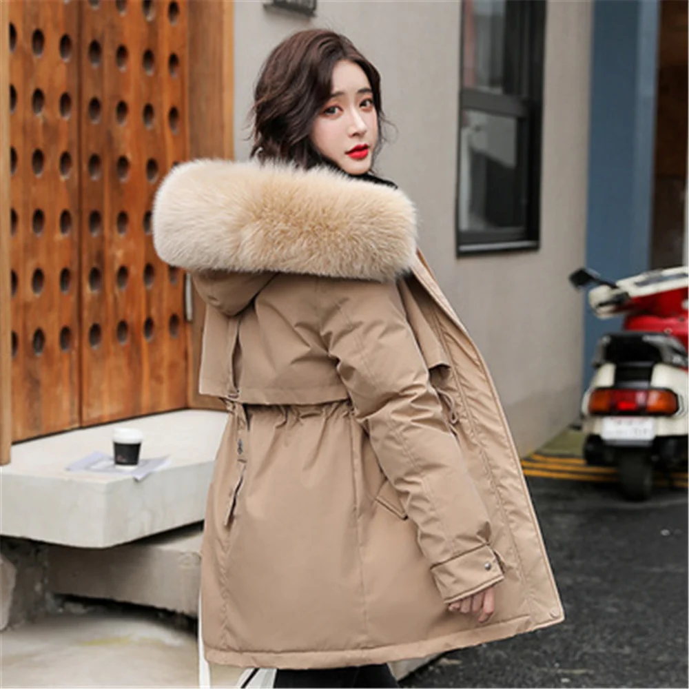 Enlarge Winter Coat Women 2021 Plus Velvet Parkas Solid Jackets Casual Korean Fashion Clothing High Street Hooded Loose Warm Coats Y598
