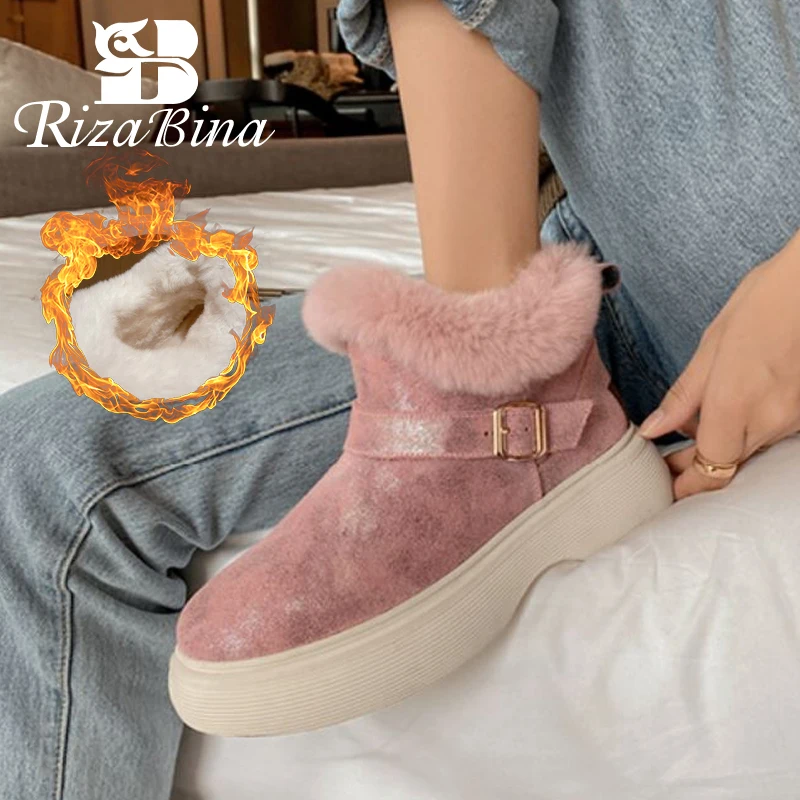 

RIZABINA 2022 Women Real Leather Shoes Ankle Boots Fur Warm Winter Snow Boot Sweet Outdoor Casual Ins Femlae Footwear Size 34-40