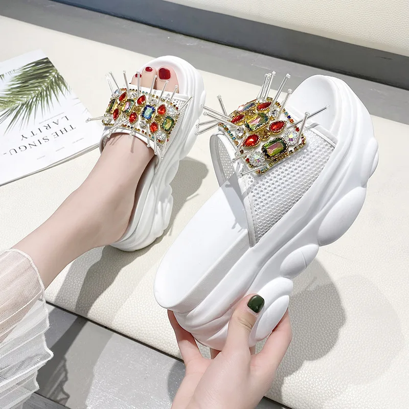 Rimocy Стразы сандалии на каблуке танкетке женские лето 2020 высоком Женские шлепанцы