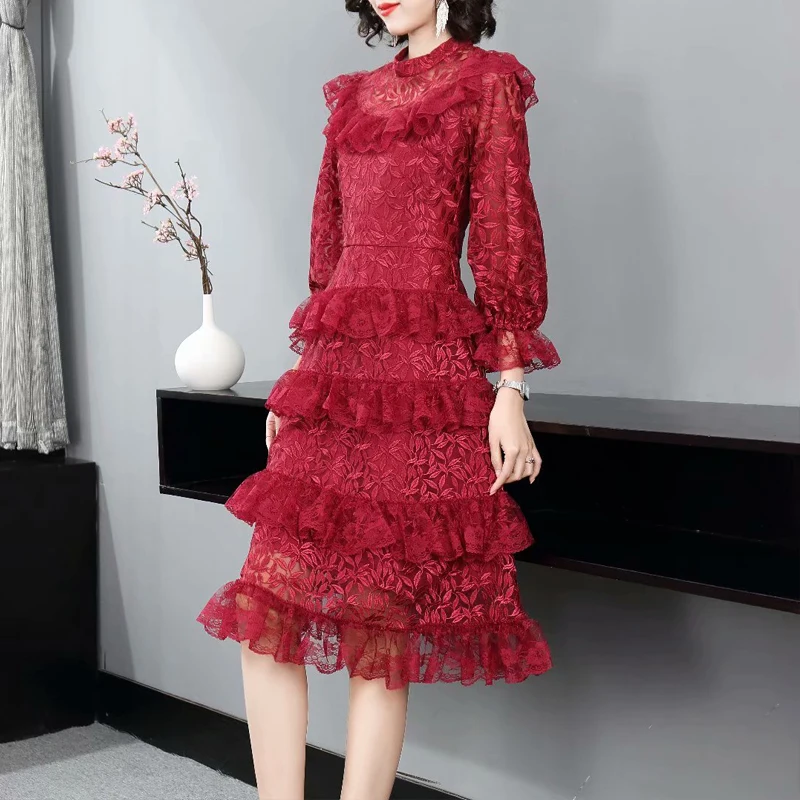 

Designer Runway Spring Autumn New Women'S Fashion Party Elegant Chic Layered Lace Ruffled Patchwork Embroidery Midi Dress