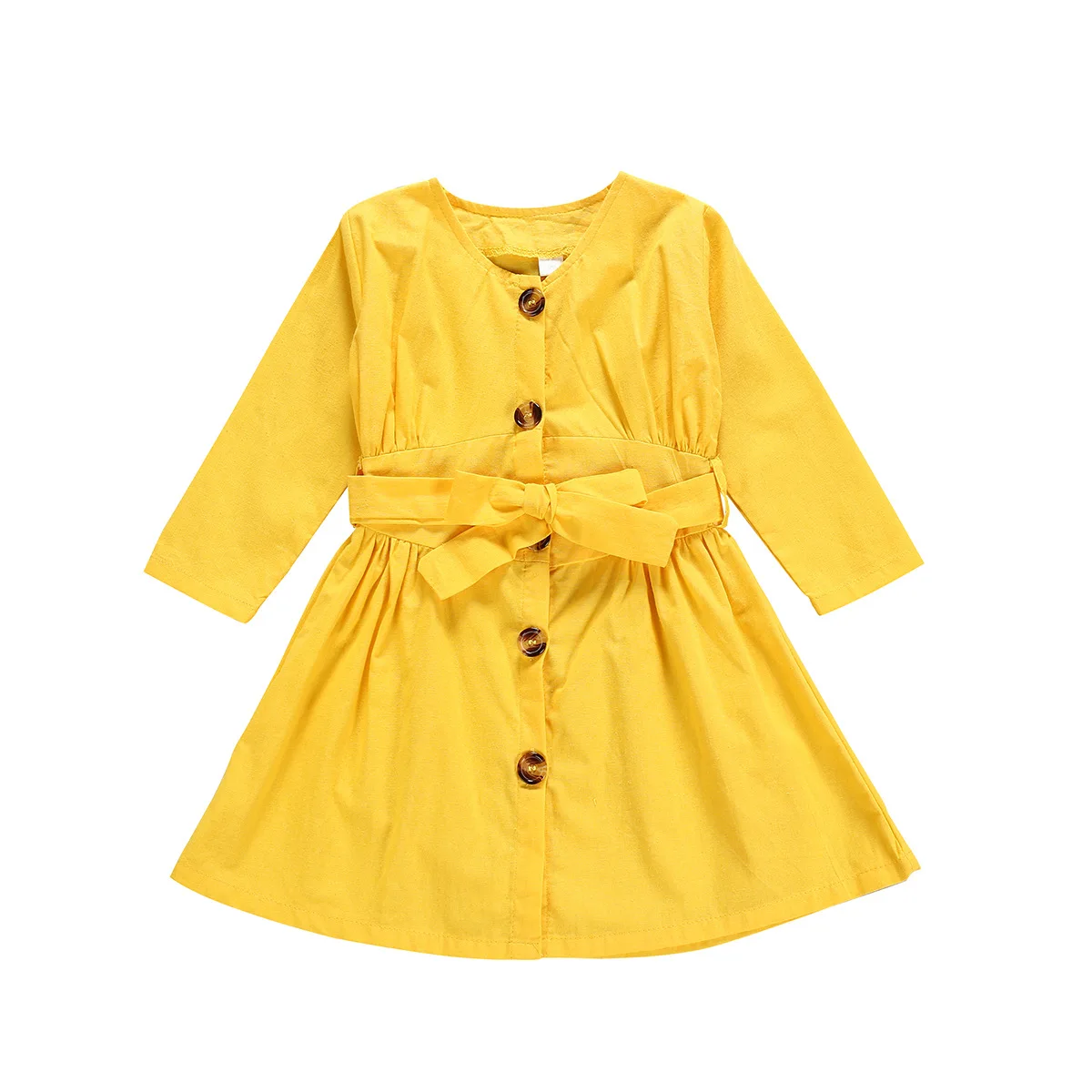 

2020 New Spring Girl Dress Girls Long Sleeves Pure Color Button Bow Belt Small And Medium Children Clothes Knee-length Dress