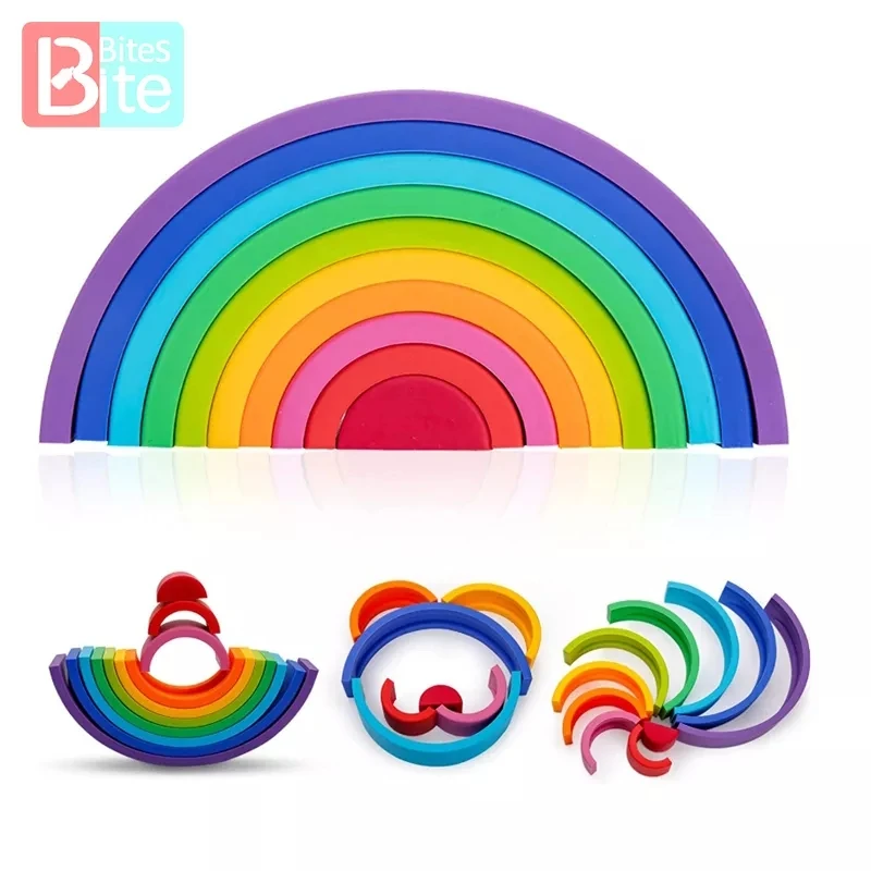 Rompecabezas Montessori de silicona, juego educativo, apilador de construcci&oacute;n en forma de arco&iacute;ris, 1 conjunto de bloques educativos, juguetes para beb&eacute;s-0
