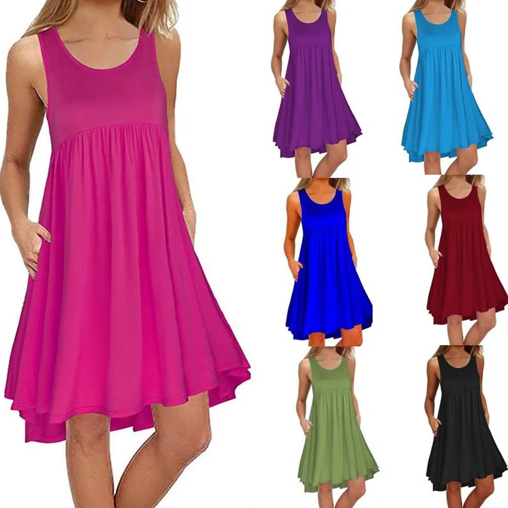 

Black Dresses for Women Sleeveless Pockets Casual Dress Loose Multicolor Asymmetrical Hot Sale Knee Length High Low Female Dress