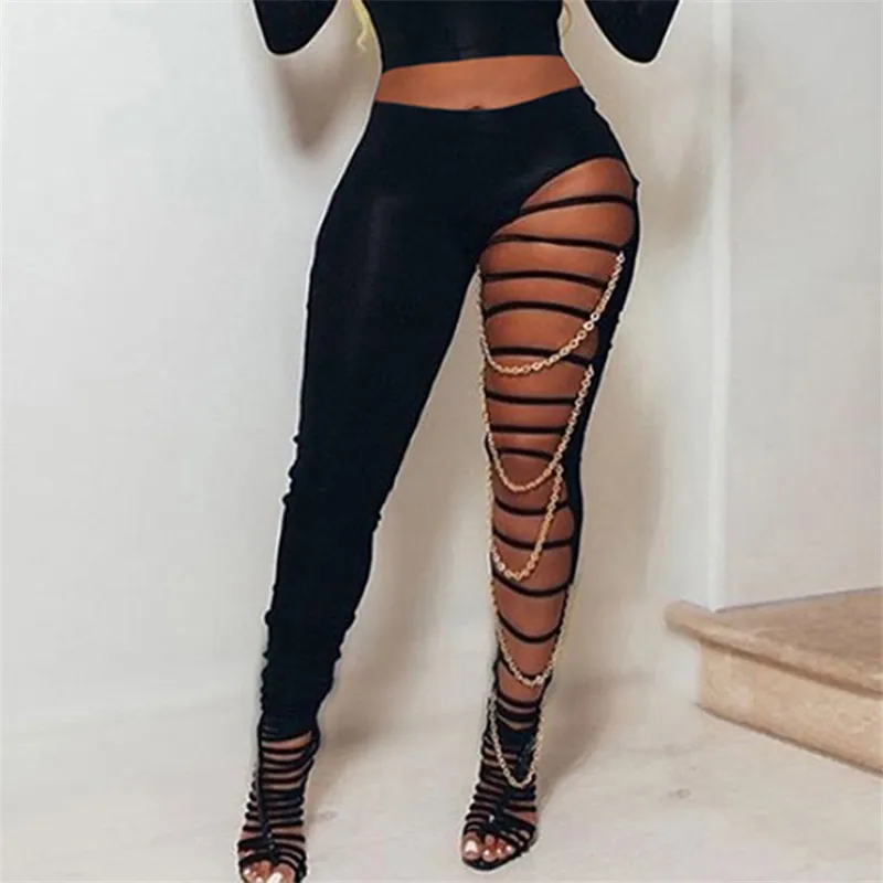 

Casual Fashion Sexy High Waist Ripped Leggings Women Black Slim Holes Trousers With Gold Chain Pencil Pants Clothing