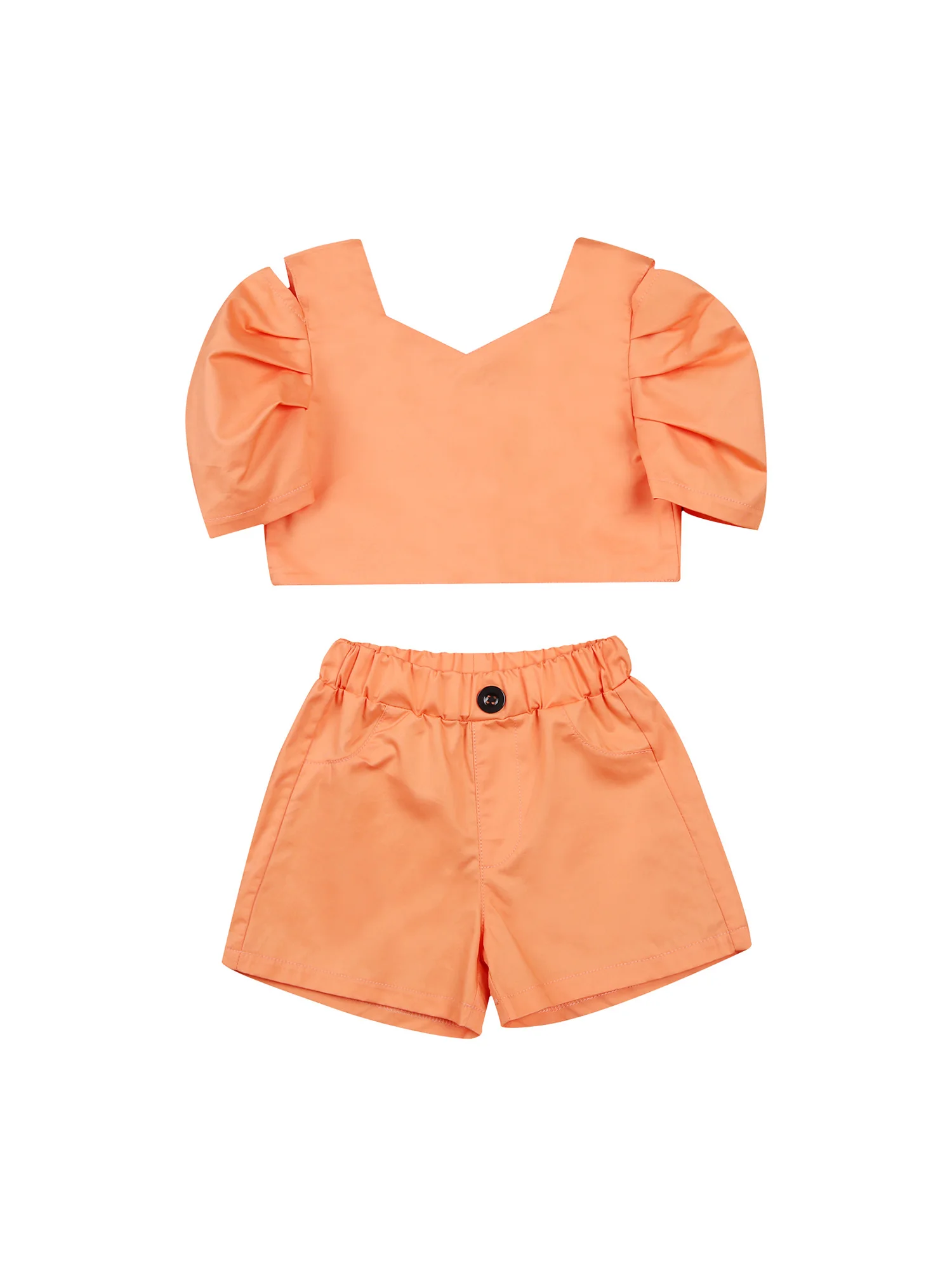 

2-7T Baby Girl Short Sleeve Tops Short Pants Suit, Toddlers Solid Color Casual Clothes Set, Summer Elastic Button Outfits
