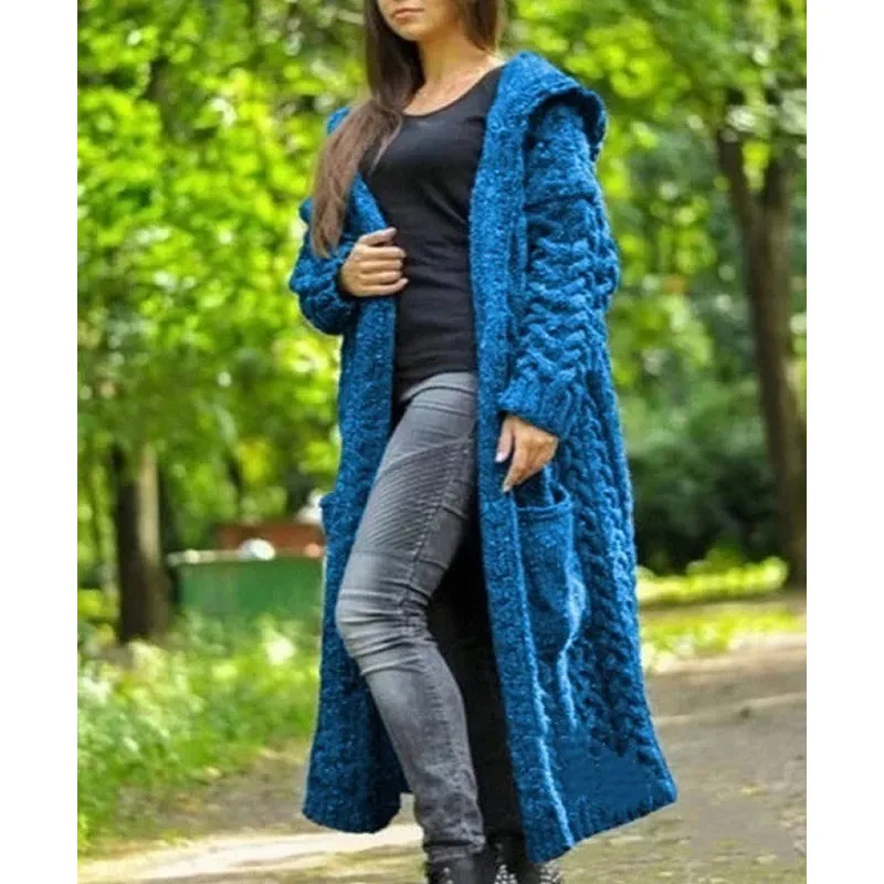 

Cardigan Women Plus Size Solid Color Long Sleeve Braid Knit Cardigan Hooded Sweater Coat Overcoat Loose Ladies Sweaters Coat