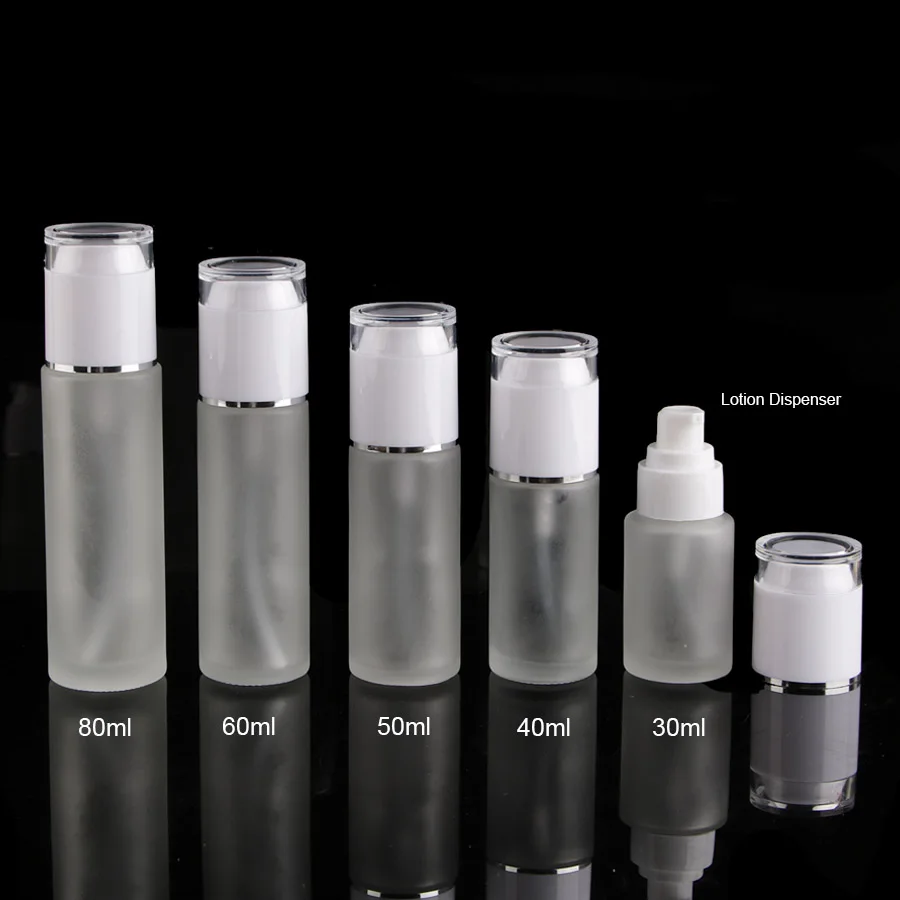 

50pcs 30ml Frosted Transparent Glass Cosmetic Bottle with Press Lotion Dispenser Fine Mist Sprayer Pump Merx Beauty