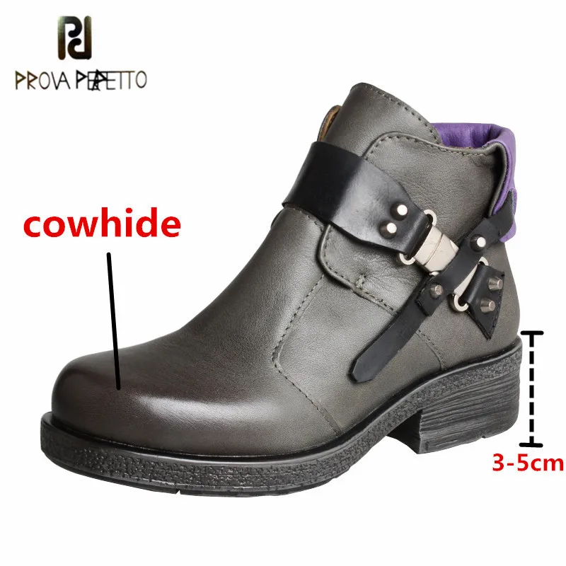 

Prova Perfetto Genuine Leather Retro Women Motorcycle Boot Classics Mixed Colors Buckle Strap Thick Bottom Wearproof Lady Shoes