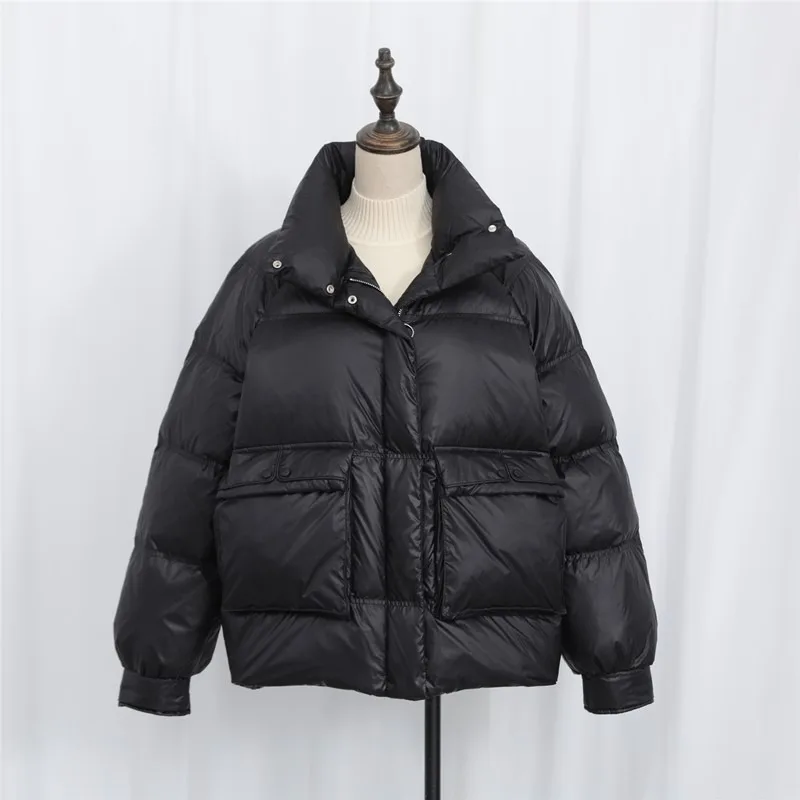 

Glossy loose fashion stand-up collar white duck down short down jacket women 2020 new hot bread jacket winter jacket women