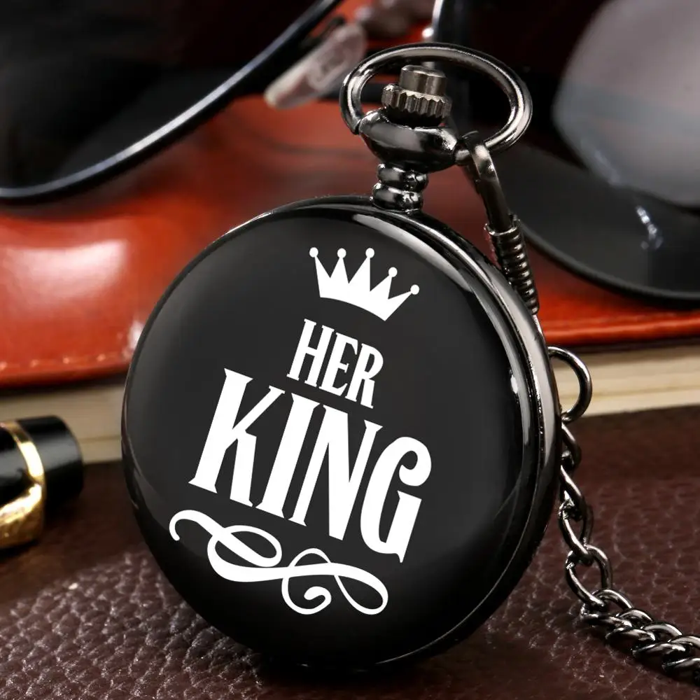

His Queen/Her King Crown Pattern Chain Clock Quartz Pocket Watch Arabic Numerals Lovers Couple Best Souvenir Gifts for Men Women
