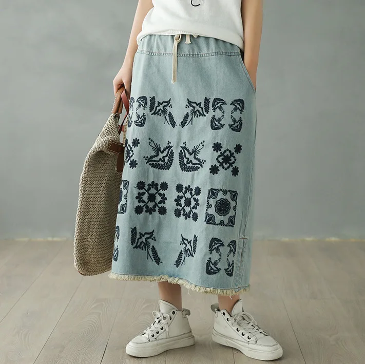 Юбка для женщин джинсовая юбка с высокой талией различными узорами Средней длины