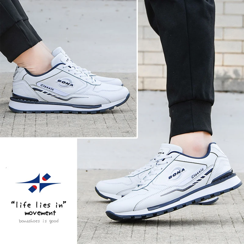 BONA Men's Running Shoes Comfortable Sneakers Outdoor Casual Shoes Man Training Lace up Lightweight Leather Sports Shoes
