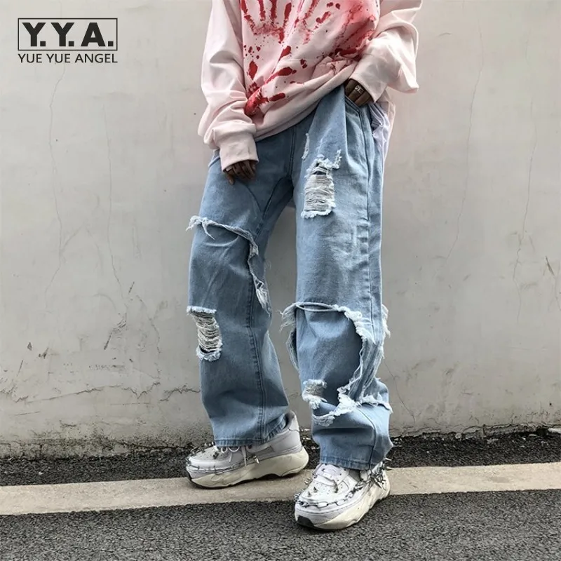 

New High Street Mens Jeans Hip hop Loose Wide Legged Personality Streetwear Fashion Patchwork Tassel Hole Men Black Denim Pants