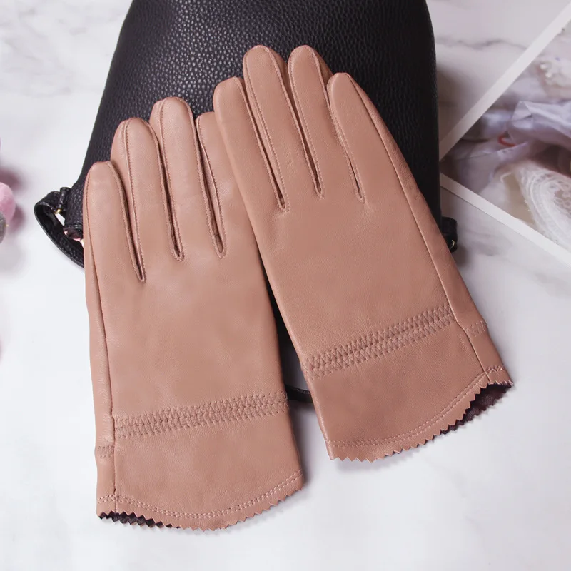 

New Autumn Winter Women‘s Genuine Leather Gloves Female Outdoor Plus Thicken Sheepskin Leather Driving Gloves Flexible Fingers