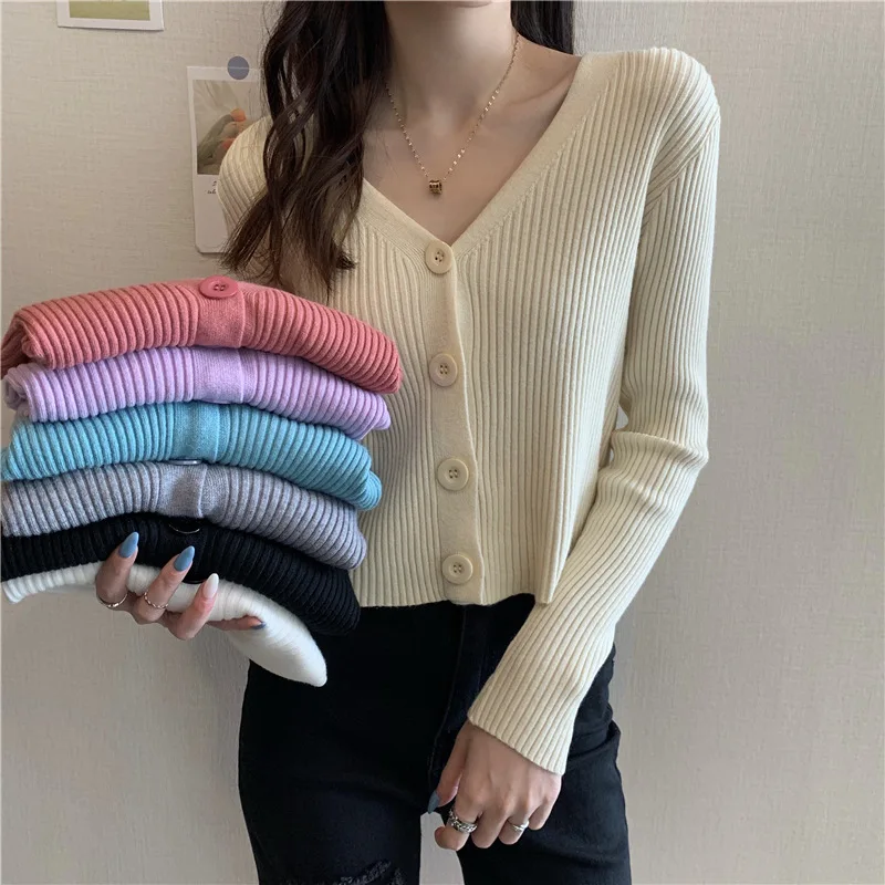 

Slim Casual Cardigan 2022Spring And Autumn New Fashion V-neck Solid Color Single-breasted All-match Sweater Women's Clothing