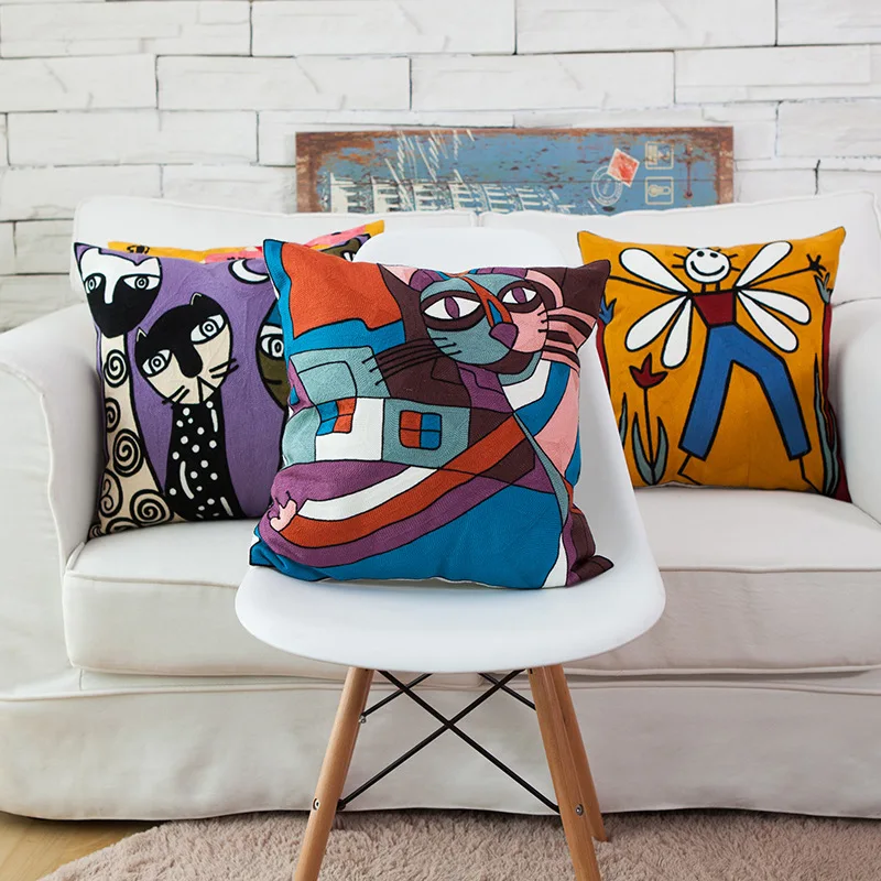 

Cartoon Cushion Cover Cotton Abstract Cat Dog House Embroidery Art Home Decorative Pillow Case for Sofa Bed Living Room 45x45cm