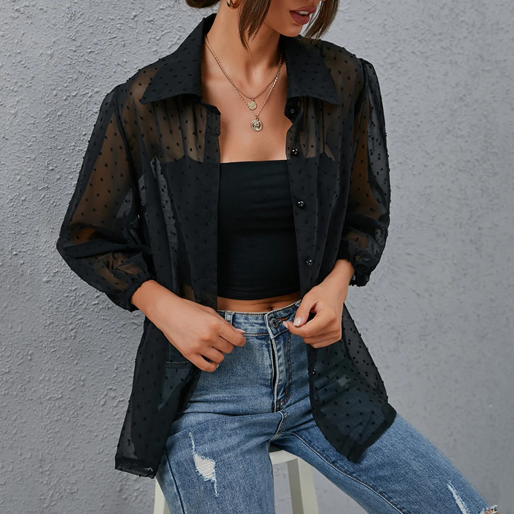 

2021 Young Style Women's Chiffon Shirt Solid Buckle Puff Sleeved Spring/Autumn Streetstyle Blouse Casual Tops