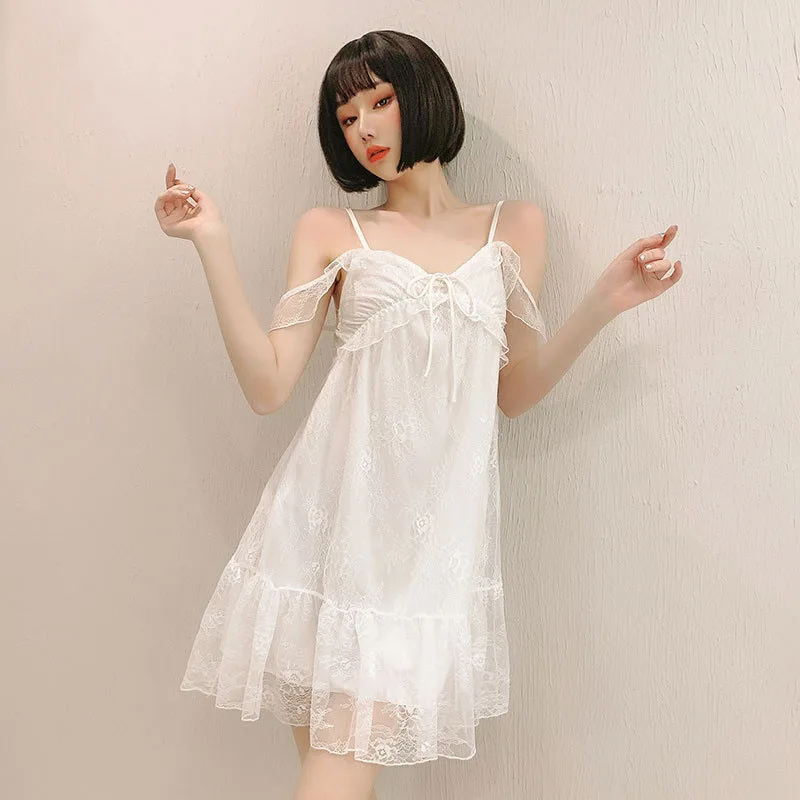 

Yhotmeng nightdress for woman sloth sleepwear Sweet lace fairy princess style French suspender nightdress home service white