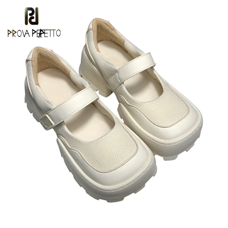

Vintage White Mary Jane Shoes Women's Platform Platform Shoes College Style Square Toe Velcro Mesh All-match Single Shoes