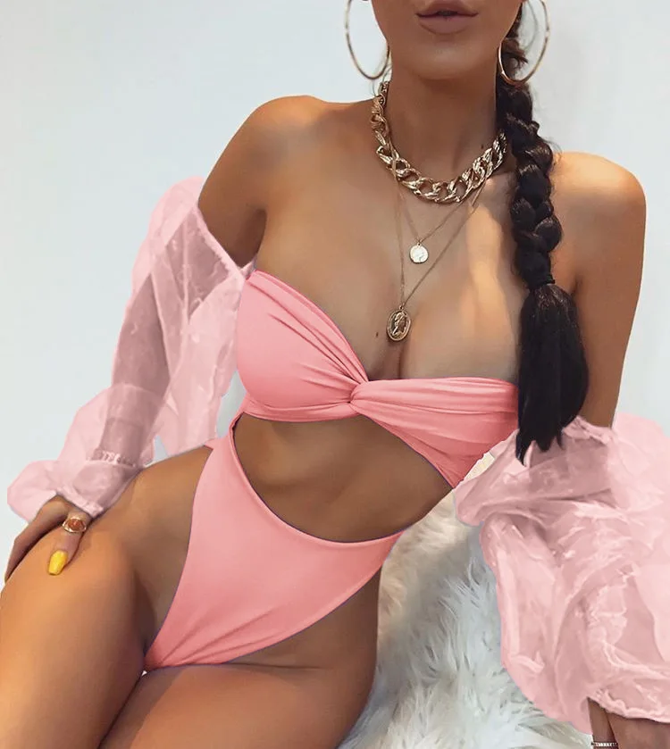 Long Sleeve One Piece Swimsuit Women Solid Purple Push Up Padded Bathing Suit Swimwear Off Shoulder Lace Cut Out Mesh Monokini |