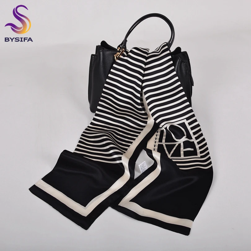 

BYSIFA|Black White Silk Ribbons Scarves Fashion Accessories Natural Pure Silk Scarf Spring Autumn Ladies Long Scarves 155*16cm