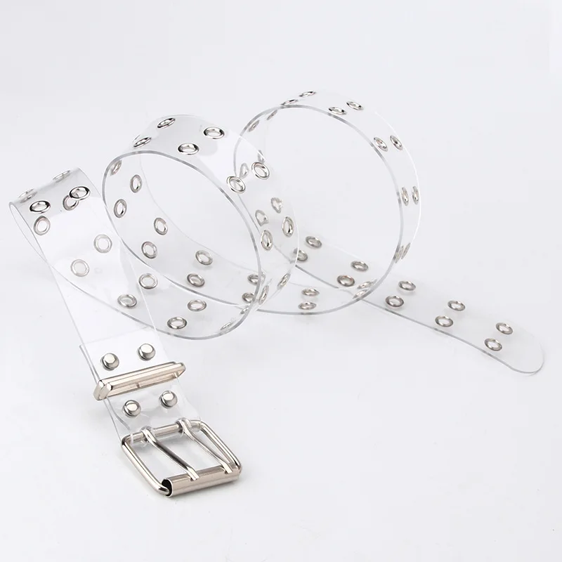 

Women Transparent Belt Ladies Jeans Grommet Belt With Chain Punk Style Double Row Eyelet Hole Alloy Pin Buckle Waist Straps