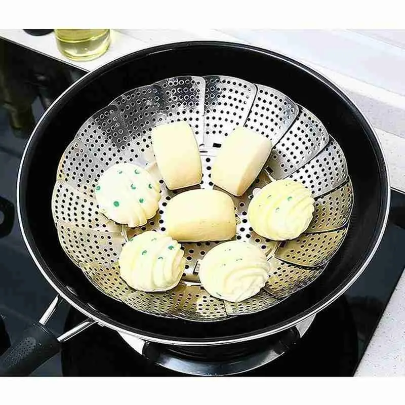 

Dish Steam Steel Folding Food Steamer Basket Mesh Vegetable Cooker Expandable Steamer Kitchen Fruit Collapsible Tools S2W2