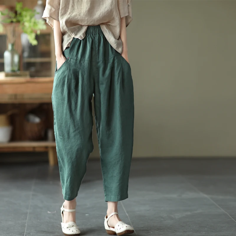 

New 2021 Summer Women Retro Cottom Loose Ankle-length Pants Femme Casual Elastic Waist Harem Pants Fashion Women Clothes J016