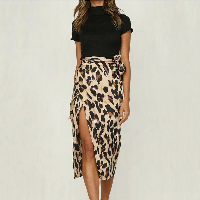 Женская леопардовая юбка облегающая с поясом со шнуровкой и Боковым