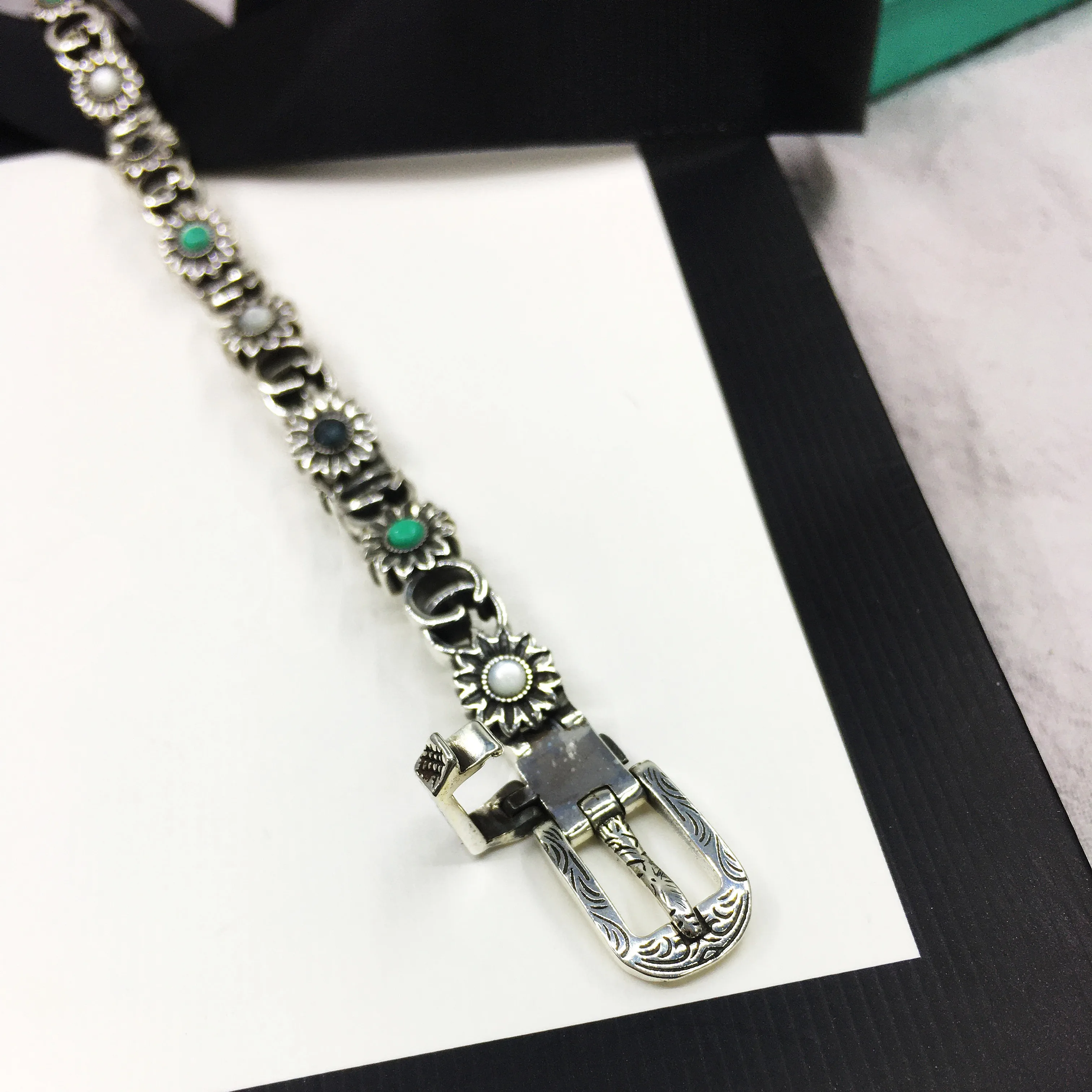 

S925 Sterling Silver 1:1 retro double g flower men's fashion luxury Bracelet accessories